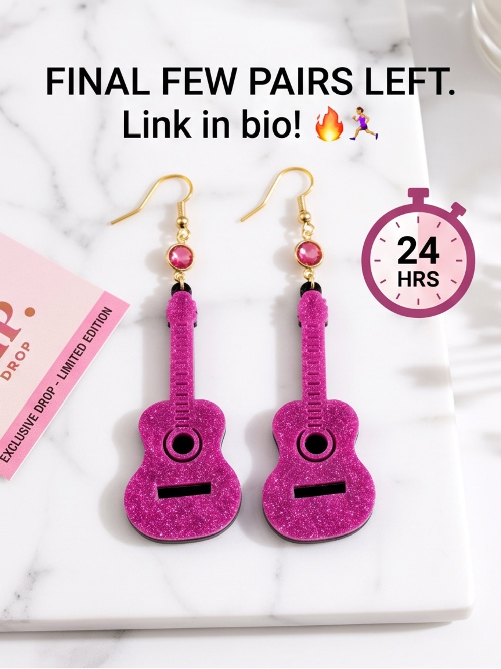 Pink Glitter Guitar Dangle Earrings with Gold Hooks